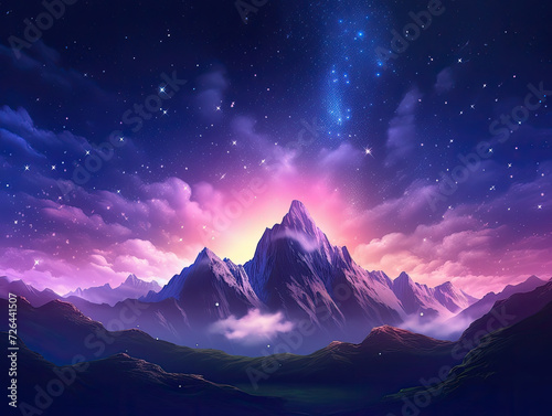 Majestic Mountain Peaks Under Starry Night Sky - Generative AI