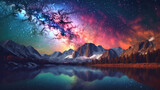 Galactic Sky Over Snow-Capped Mountains and Calm Lake - Generative AI