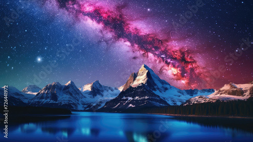 Galactic Sky Over Snow-Capped Mountains and Calm Lake - Generative AI