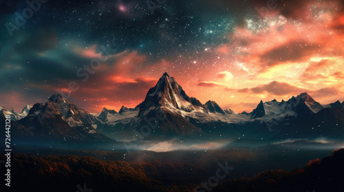 Snow-Capped Mountain Peaks Under Starry Skies - Generative AI