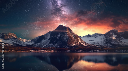 Starry Night on a Lake Reflected by Snow-Capped Mountains - Generative AI