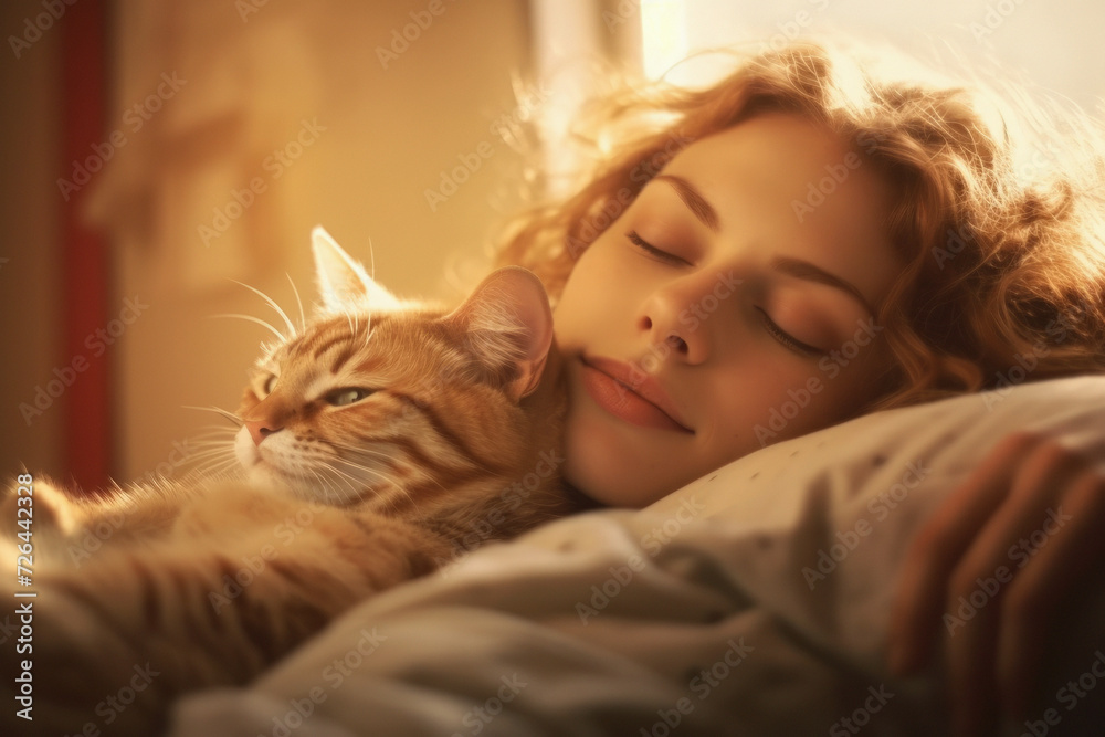 AI generated - no actual persons
Woman sleeping on bed close to her cats
