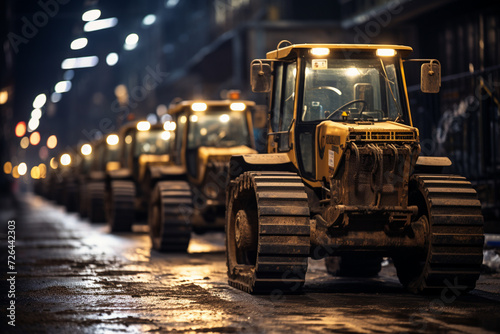 tractor working on road construction site at night, heavy duty machinery working on road construction site © Creative