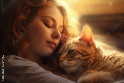 AI generated - no actual persons
Woman sleeping on bed close to her cats