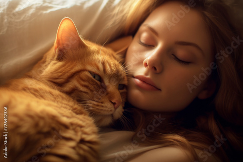 AI generated - no actual persons Woman sleeping on bed close to her cats
