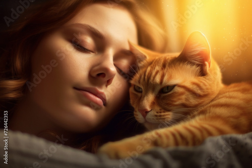AI generated - no actual persons Woman sleeping on bed close to her cats
