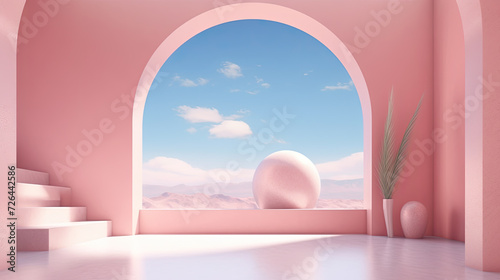Minimalist Pink Room with Mountain View - Generative AI