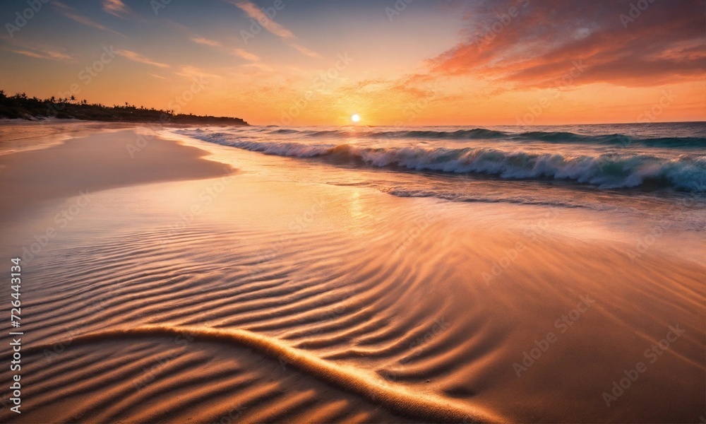 Fototapeta premium Sunset on the beach. Paradise beach. Tropical paradise, white sand, beach,
