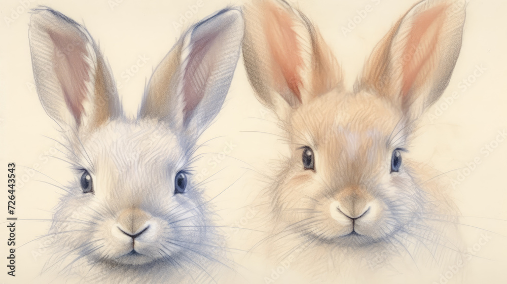 Colored Pencil Drawing of Two Cute Rabbits - Generative AI