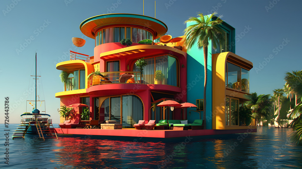 Mediterranean style architecture with art deco, red, turquoise sand yellow,