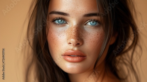 Portrait of a beautiful woman with long brown hair and blue eyes