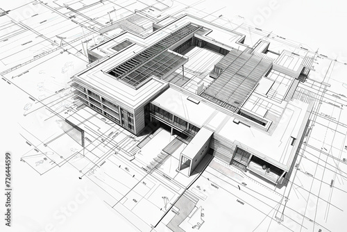 Architectural drawing and three-dimensional model of a public building, such as a school
