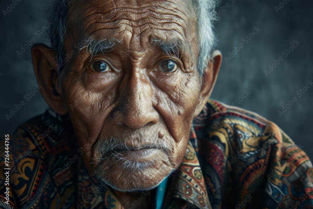 Portrait of Indonesian old man in national clothes from history of Indonesia realistic detailed photography texture. Indonesian man. Horizontal format