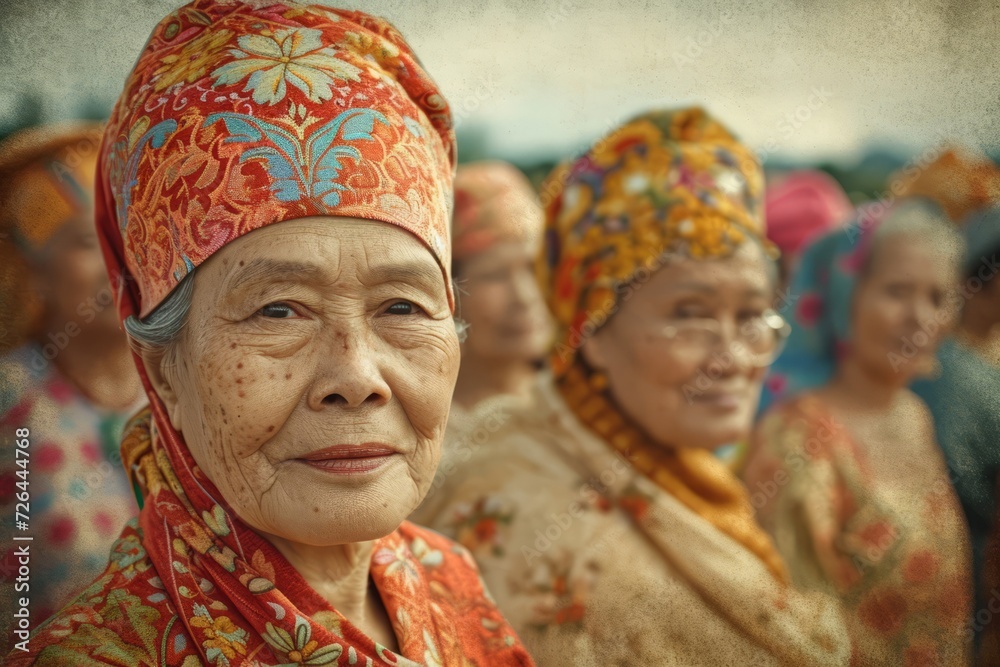 Indonesian people in national clothes from history of Indonesia realistic detailed photography texture. Indonesian old woman portrait. Horizontal format