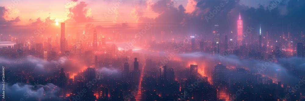 Futuristic cityscape with floating buildings and neon lights