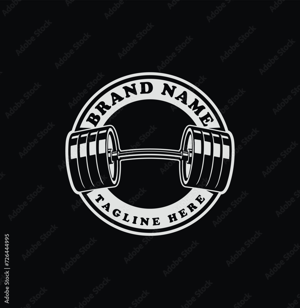 Round gym and fitness emblem, t-shirt print with barbells, white on black Round gym and fitness emblem, t-shirt print with barbells, white on black