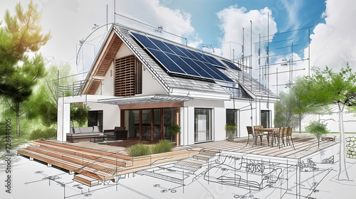 Architectural drawing for a single-family house with solar panels combined with a model photo of the house photo