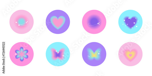 Set of blurred gradient round stickers, highlights covers in y2k style. Templates icons, trendy aura design for social media, story buttons. Flower, heart, planet, butterfly 2000s elements. Vector