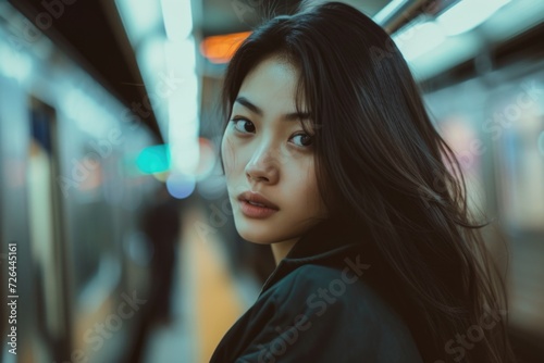 A woman confidently stands in front of a subway train. This image can be used to depict independence, urban lifestyle, or commuting