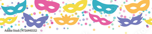 Colorful carnival confetti background, vector illustration with masks, repeating banner