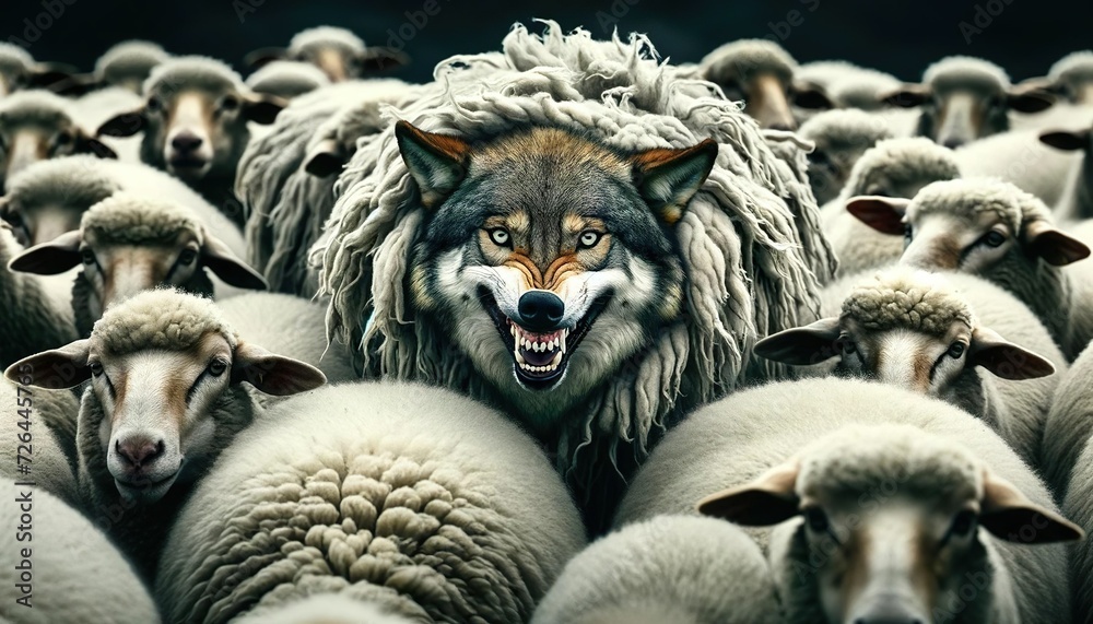 Obraz premium A wolf in sheep's clothing is an idiom from Jesus's Sermon on the Mount as narrated in the Gospel of Matthew. It warns against individuals who play a duplicitous role