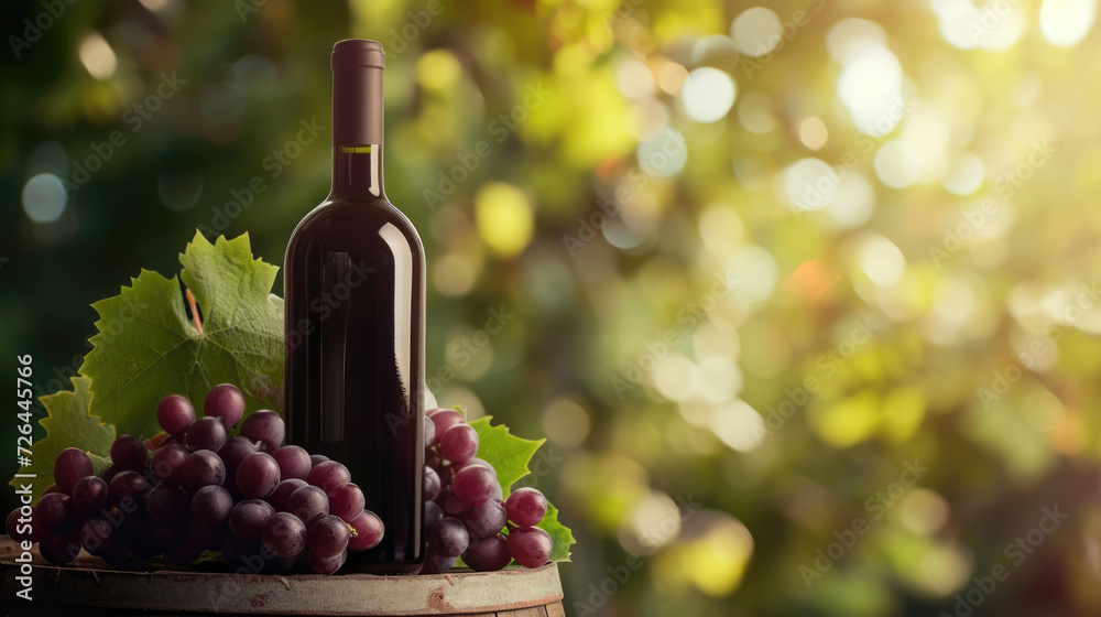 Bottle of wine on barrel with grapes on blurred background and free place for text