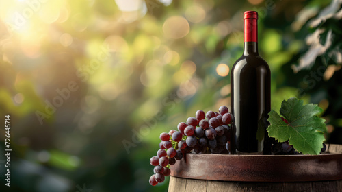Bottle of wine on barrel with grapes on blurred background and free place for text