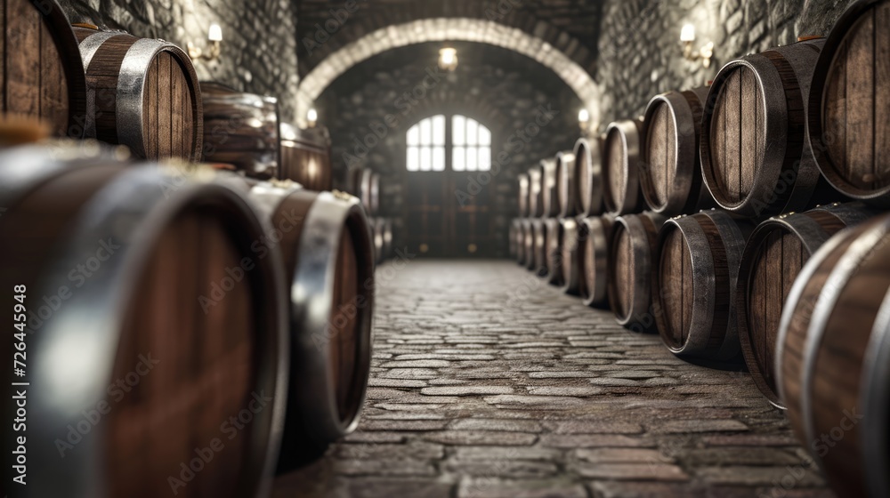 Close up of wooden barrel of wine on blurred background