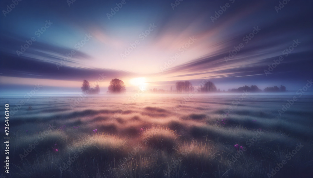 Quiet beauty of spring daybreak over an open field, with morning dew and a soft dawn sky in pastel colors, embodying minimalist tranquility. Generative AI.