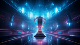 eSports Winner Trophy Standing on a Stage in the Middle, with neon lights blurred background, futuristic background for e-sport winner concept.