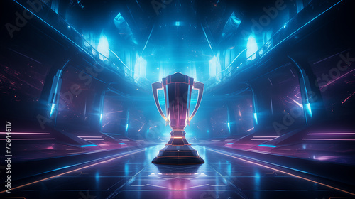eSports Winner Trophy Standing on a Stage in the Middle, with neon lights blurred background, futuristic background for e-sport winner concept.
