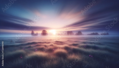 Quiet beauty of spring daybreak over an open field, with morning dew and a soft dawn sky in pastel colors, embodying minimalist tranquility. Generative AI.
