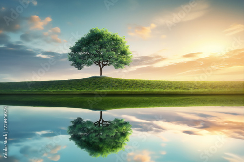 tree in the field by the lake in sunset