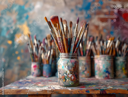 Paint Brushes jar. Brushes in paint in a jar on the table. creative atmosphere, artistic material