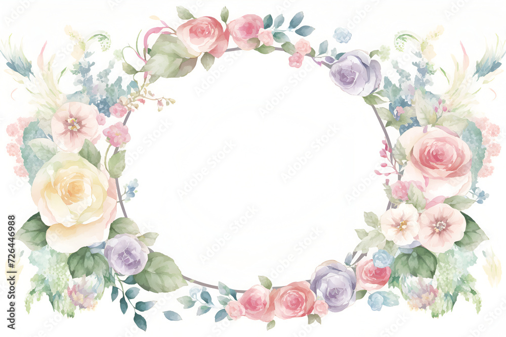 Watercolor flowers. background with stamp-frame and flowers for congratulations and invitations. Wedding, anniversary, birthday. or flowers in pastel colors. copy space