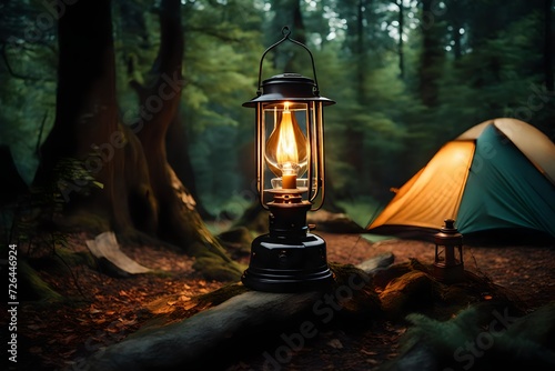 A vintage hurricane lamp glowing softly on a camping trip, providing a warm light in the midst of nature.