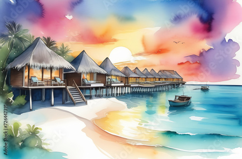 Seaside vacation, resort,sunset, sea, sand, watercolor, overwater bungalow © Irina