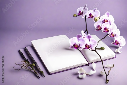 A delicate orchid branch gracefully draping over a notebook mockup on a soft purple background, symbolizing grace and sophistication. photo