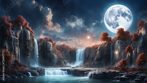 Fantasy moon with waterfall in the sky