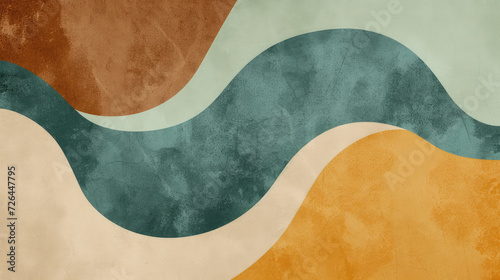 Abstract background in trendy Bauhaus style, combining cinnamon brown, seafoam green and mustard yellow with minimalist geometric shapes © boxstock production