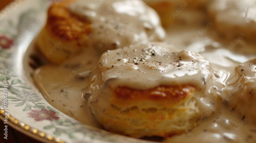 Biscuits covered in delicious gravy sauce, perfect for a hearty meal or breakfast. Versatile and tasty, this image can be used in various food-related projects