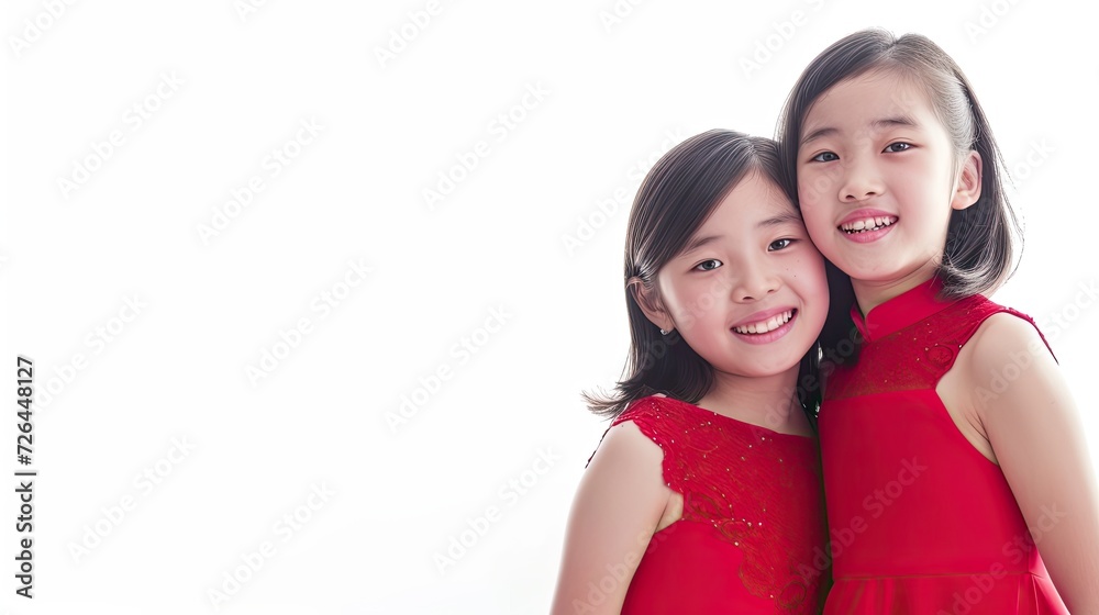 Two pretty asian little girls wearing red dress to celebrate chinesse new year in happy mood isolated on white background. Two siblings with black hair. Chinesse new year celebration concept. Two pretty asian little girls wearing red dress to celebrate chinesse new year in happy mood isolated on white background. Two siblings with black hair. Chinesse new year celebration concept.