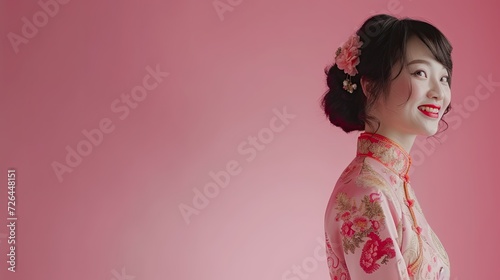 Beautiful young asian woman wearing cheongsam posing in smile for chinese new year concept isolated on pink background.