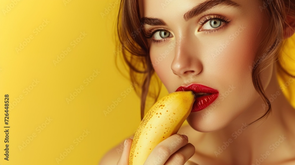 Close-up portrait of nice glamorous lady holding in hands banana with red lips isolated yellow background Close-up portrait of nice glamorous lady holding in hands banana with red lips isolated yellow background