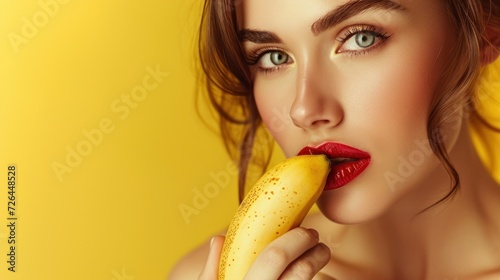 Close-up portrait of nice glamorous lady holding in hands banana with red lips isolated yellow background photo