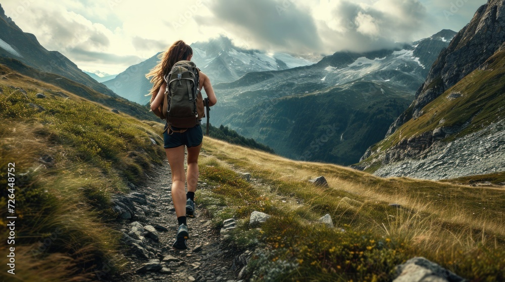 Sporty mountain woman run in trail during endurance trail