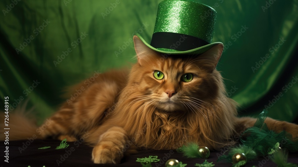 cute cat, kitten and in green hat with clover. St. Patrick's Day celebration. portrait of a pet. love to the animals.