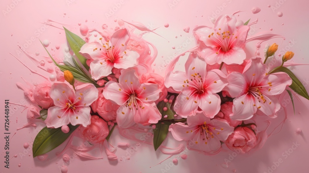 pink background or texture with spring flowers. frame, place for text. template, greeting card for Mother's Day, March 8