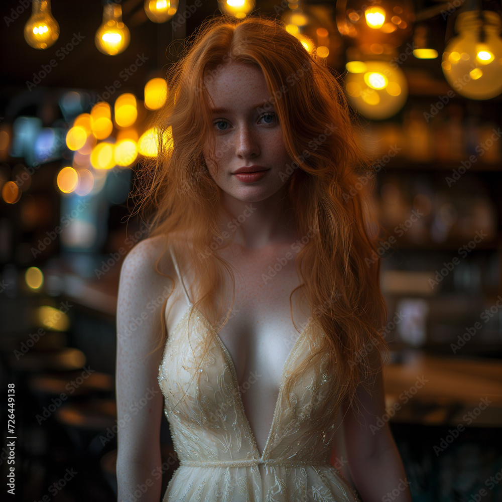 Young woman with red hair in a night club.