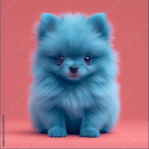 blue pomeranian spitz puppy is posing against pink background. Generative AI